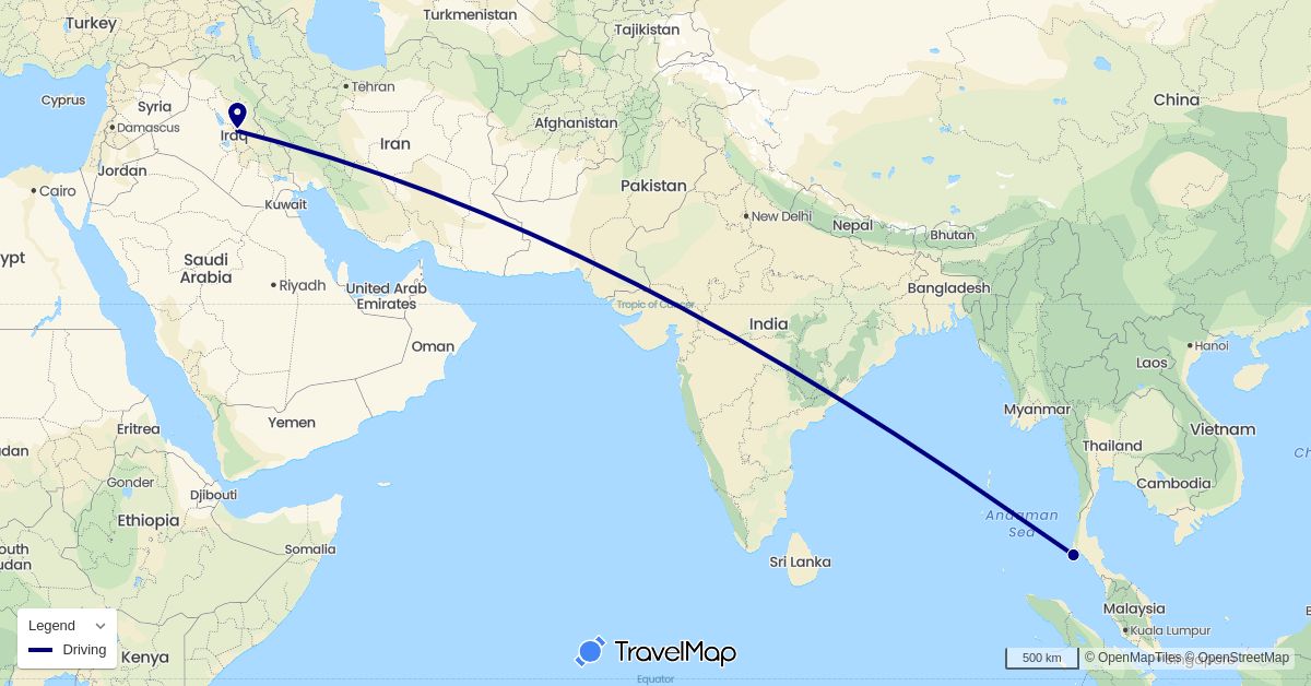TravelMap itinerary: driving, plane in Iraq, Thailand (Asia)